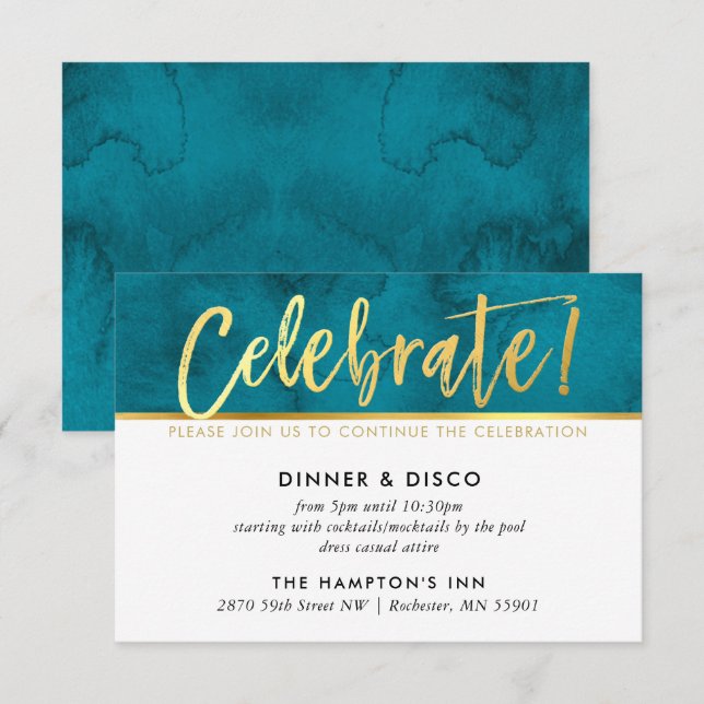 PARTY CELEBRATION aquamariner blauer Aquarellgoldt Einladung (Vorne/Hinten)