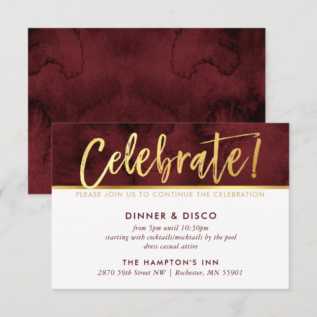 PARTY CELEBRATION CARD Maroon Aquarellgold Typ Einladung (Vorne/Hinten)