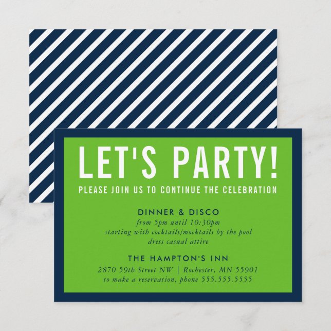 PARTY CELEBRATION INFO Moderne, grün und blau Einladung (Vorne/Hinten)