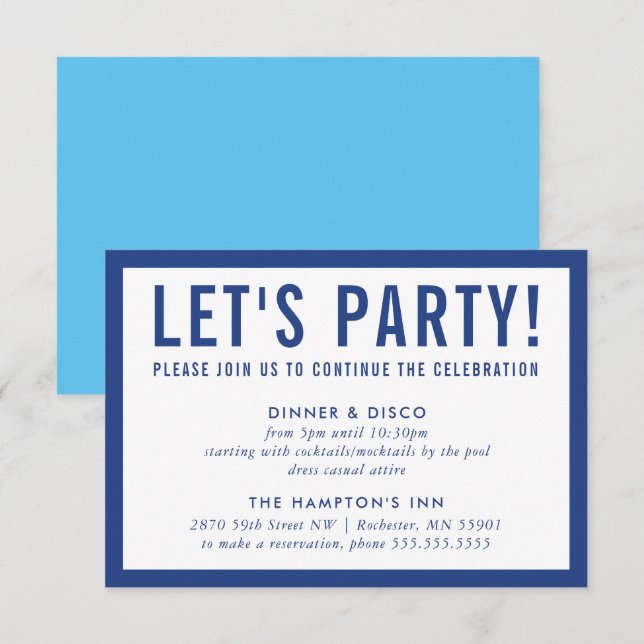 PARTY CELEBRATION INFO Modernes, feines Blau Einladung (Vorne/Hinten)