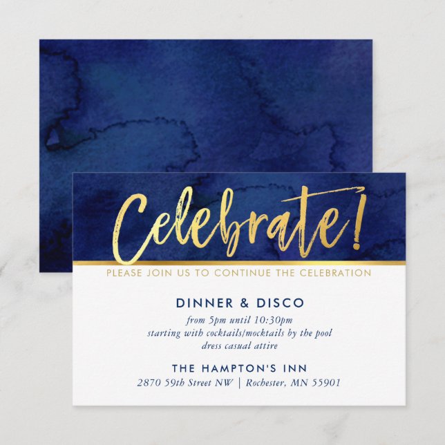 PARTY CELEBRATION KARTE Blaues Aquarellgold (Vorne/Hinten)