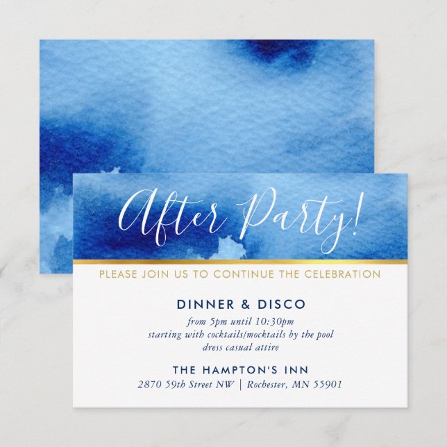 PARTY CELEBRATION KARTE Goldene blaue Aquarellfarb (Vorne/Hinten)