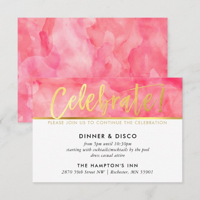 PARTY CELEBRATION Koralle rosa Aquarellgoldart Einladung (Vorne/Hinten)