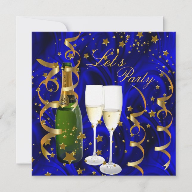 Party Champagner Gold Stars Streamers Einladung (Vorderseite)