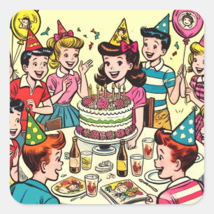 Party-Comicen für Retro-Kindergeburtstag Quadratischer Aufkleber