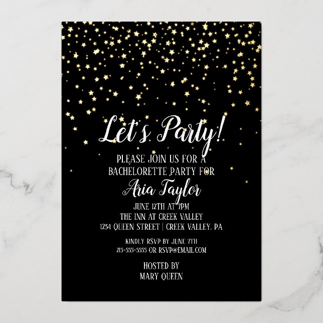 Party Confetti auf Black Bachelorette Gold Folieneinladung (Vorderseite)