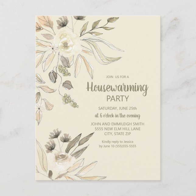 Party Creme Brown Aquarell Floral Postkarte (Vorderseite)