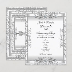 Party Damask Silver White zum 25. Jahrestag Einladung