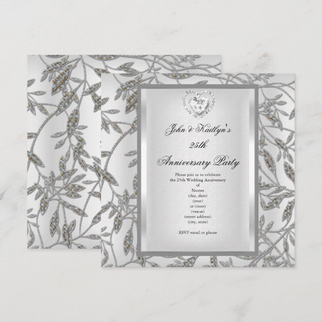 Party Damask Silver White zum 25. Jahrestag Einladung (Vorne/Hinten)