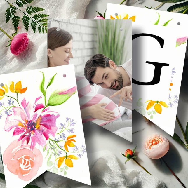 Party-Dekoration Wasserfarbe Blume Foto Wimpelkette (Baby in bloom baby shower themes features bunting flags)