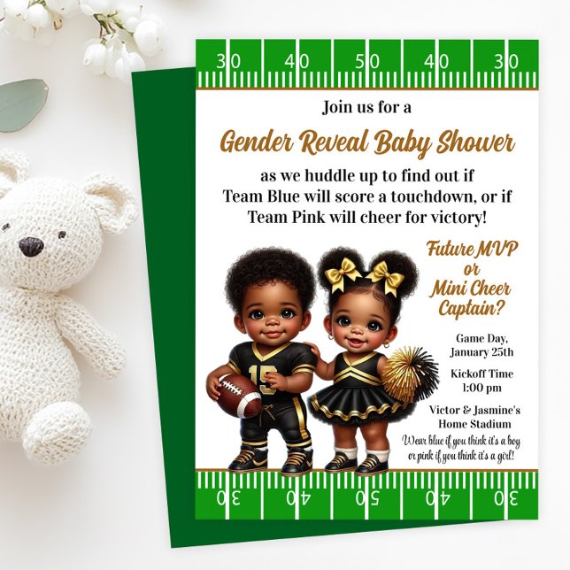 Party des Fußballweltmeisters Gender Reveal Einladung (Football gender reveal invitations with cute football player & cheerleader. Simply add your details!)