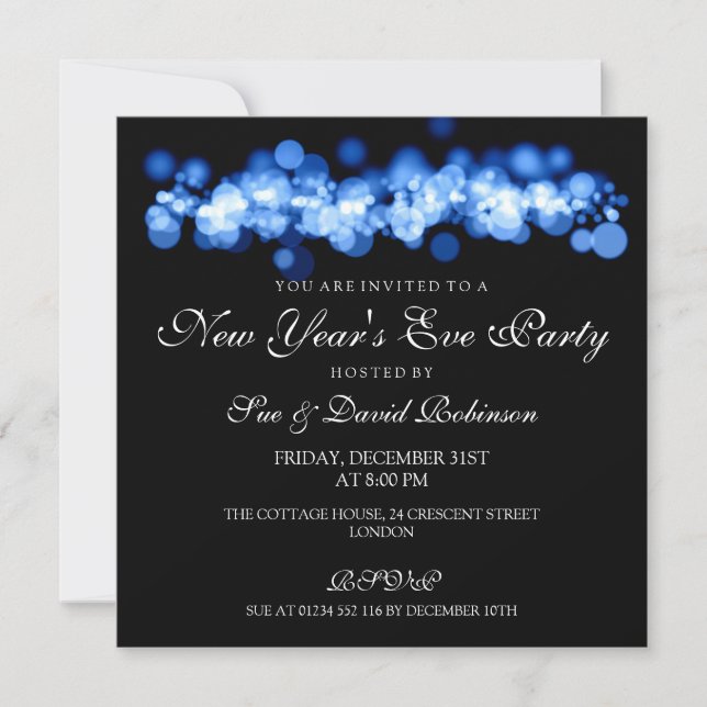 Party des Sylvesterabends blaue Bokeh Lichter Einladung (Vorderseite)