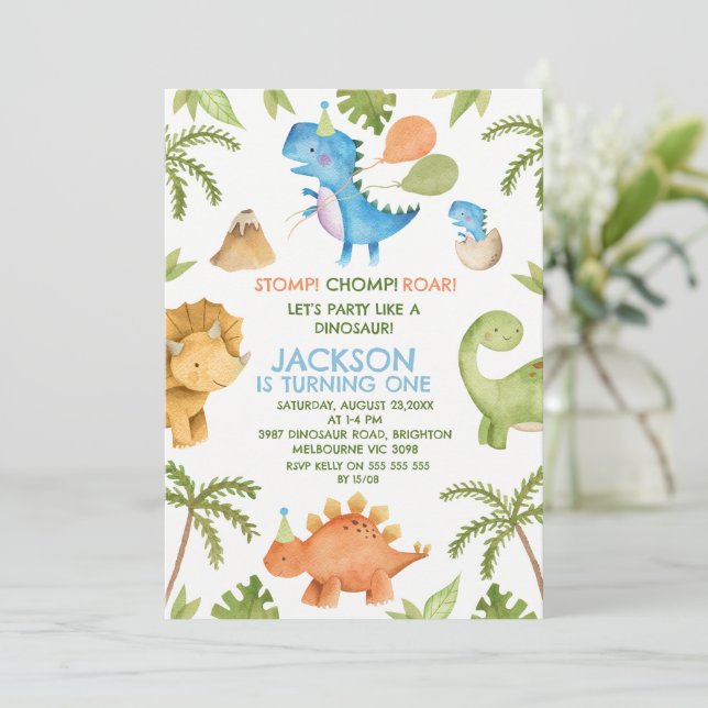 Party Dinosaur 1. Geburtstag Einladung (Stehend Vorderseite)