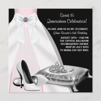 Party Dress Tiara Pink Black Quinceanera Einladung