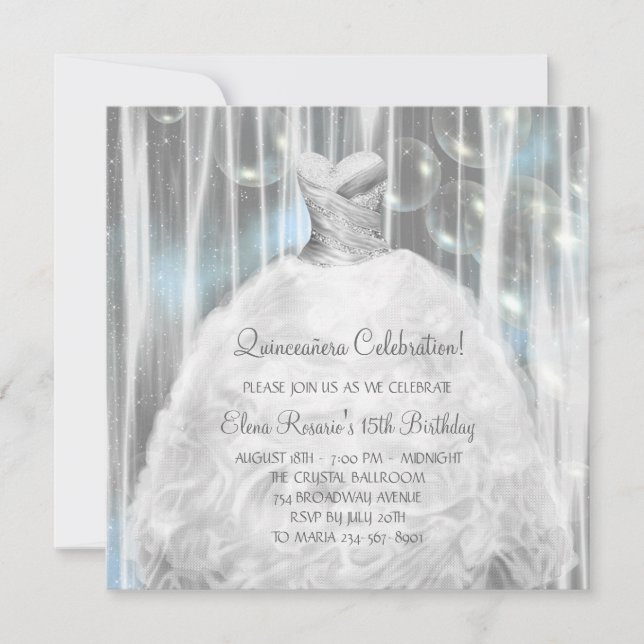 Party Dress White and Blue Quinceanera Einladungen (Vorderseite)