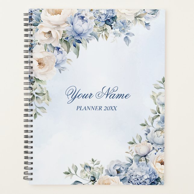 Party Dusty Blue Watercolor Elfenbeinfarbene Blume Planer (Vorderseite)