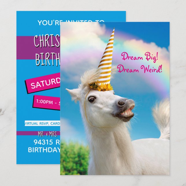 Party Einhorn und Regenbogen Einladung (Vorne/Hinten)
