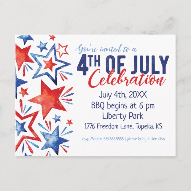 Party Einladung des Aquarell-Amerikanischen Unabhä Postkarte (Vorderseite)