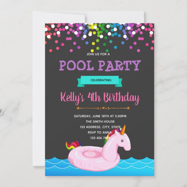 Party Einladung des Einhornpools (Vorderseite)