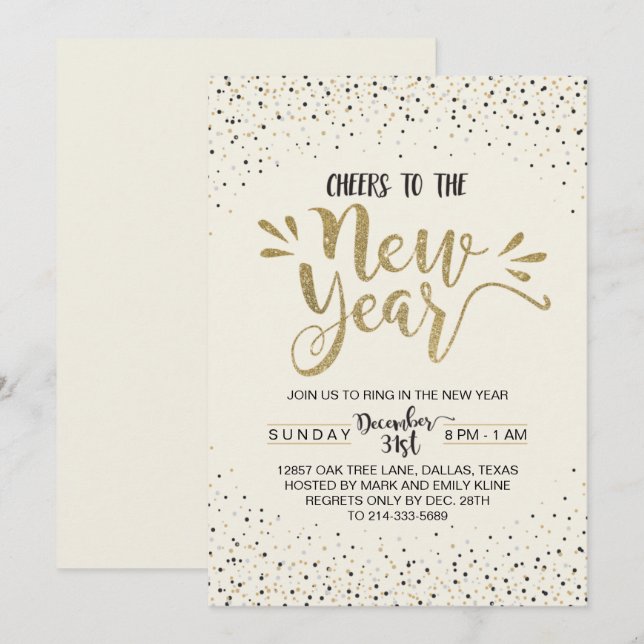 Party Einladung des Goldconfetti-Sylvesterabends (Vorne/Hinten)
