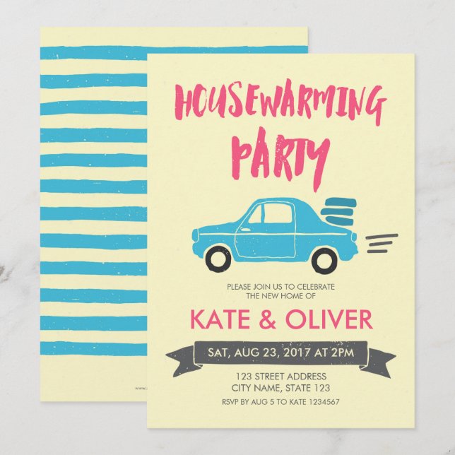 Party Einladung für den Bau von Pink und Blue Car (Vorne/Hinten)