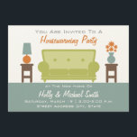 Party Einladung für den Wohnungsbau - Sofa für das<br><div class="desc">Eine moderne Party Einladung mit einem Farbschema aus Grün,  Orange,  Blau und Braun. Das grüne Sofa befindet sich in der Mitte zwischen braunen Tischen mit einer Vase aus Blume und einer Lampe. Der Boden ist blau. Personalisieren Sie den Text oben und unten mit Details zu Ihrem Anlass.</div>