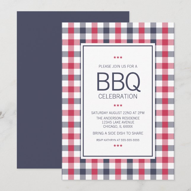 Party Einladung für Karierte GRILLEN in Preppy Red (Vorne/Hinten)
