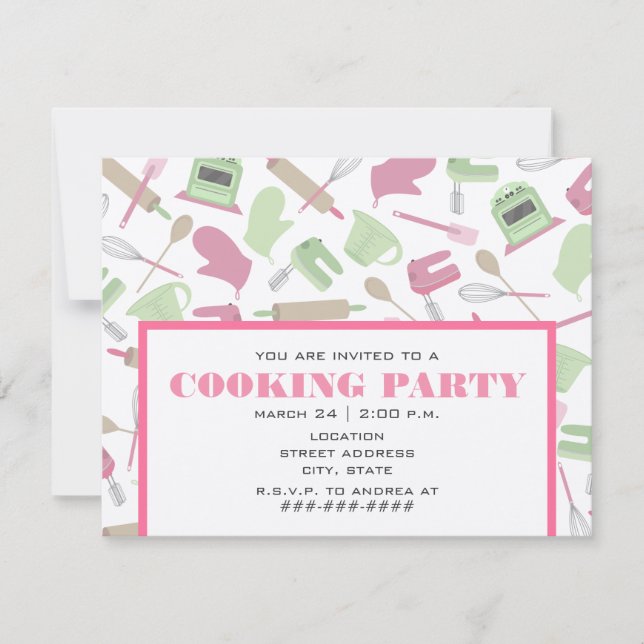 Party Einladung für Kochen - Rosa und grüne Küche (Vorderseite)