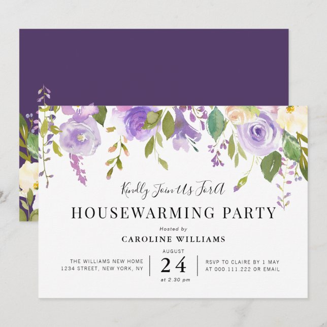 Party Einladung für lila Blumenzucht (Vorne/Hinten)