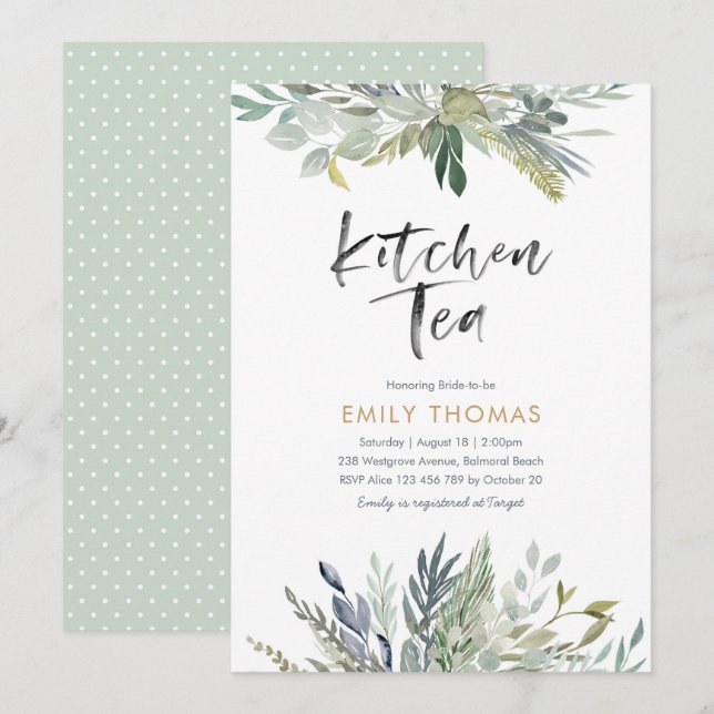 Party Einladung Kitchen Tee | Grünes Blattwerk (Vorne/Hinten)