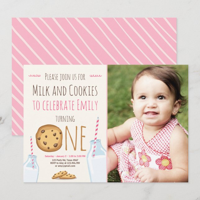 Party Einladung Milch und Cookies Mädchen Geburtst (Vorne/Hinten)