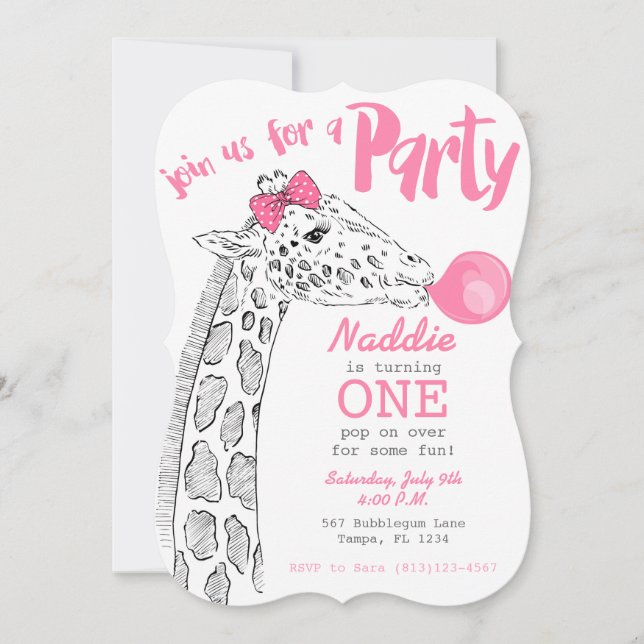Party Einladung Pink Bubblegum und Giraffe (Vorderseite)