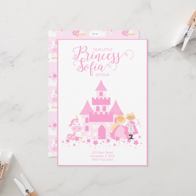 Party Einladung Rosa Einhorn und Prinzessin (Vorderseite/Rückseite Beispiel)