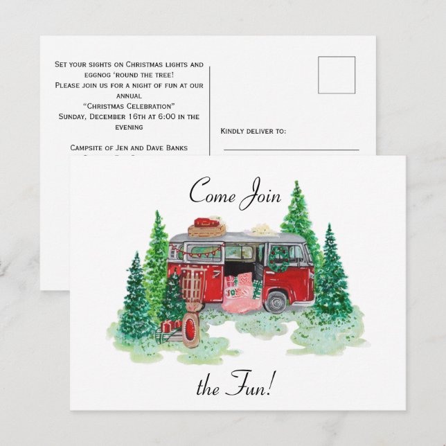 Party Einladung Vintage Christmas Camper Postkarte (Vorne/Hinten)