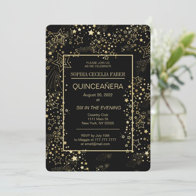 Party Einladung von Black and Gold Quinceñera (Stehend Vorderseite)