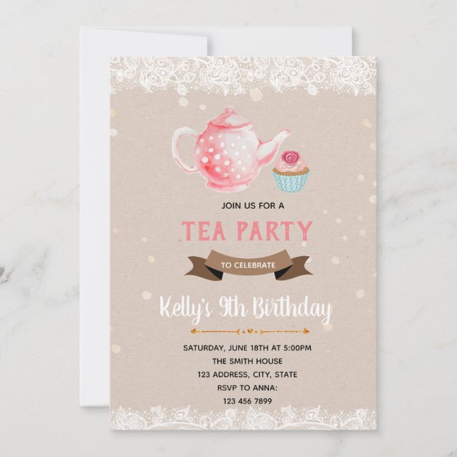 Party Einladung von Cupcake und Tee (Vorderseite)
