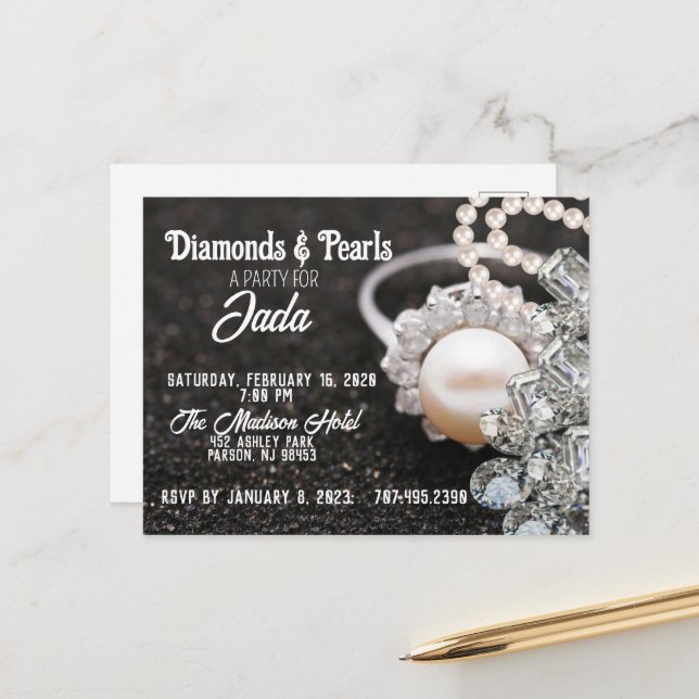 Party Einladung von Diamanten und Perlen Postkarte (Vorderseite/Rückseite Beispiel)