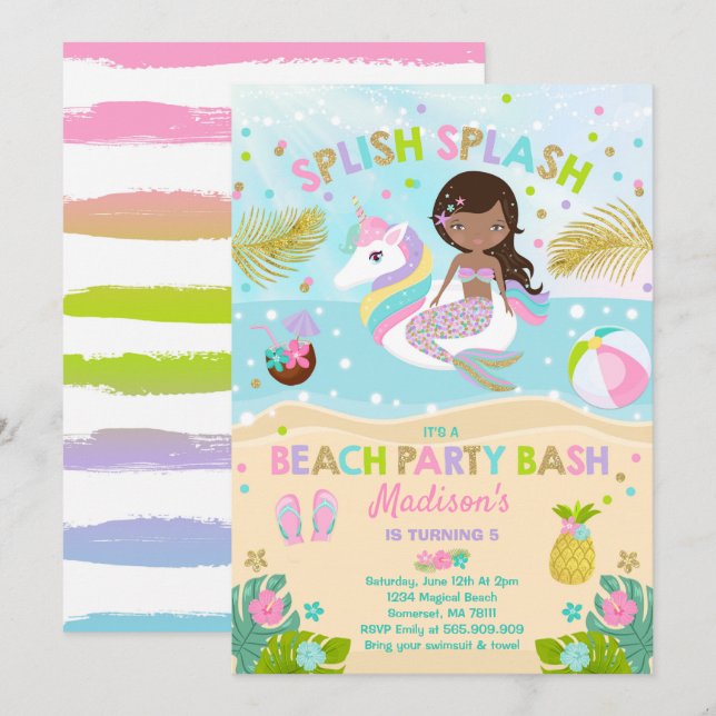 Party Einladung von Unicorn und Mermaid (Vorne/Hinten)
