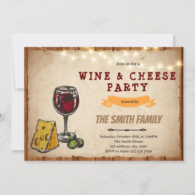 Party Einladung von Wein und Käse (Vorderseite)