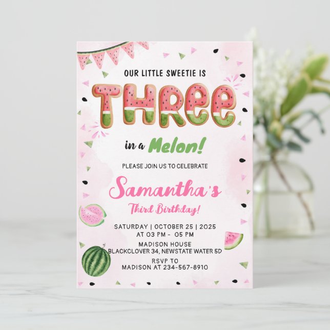 Party Einladung Watermelon 3. Geburtstag (Stehend Vorderseite)