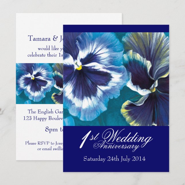 Party Einladung zum 1. Hochzeitstag blau (Vorne/Hinten)