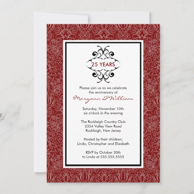 Party Einladung zum 25. Jubiläum Red Damask (Vorderseite)