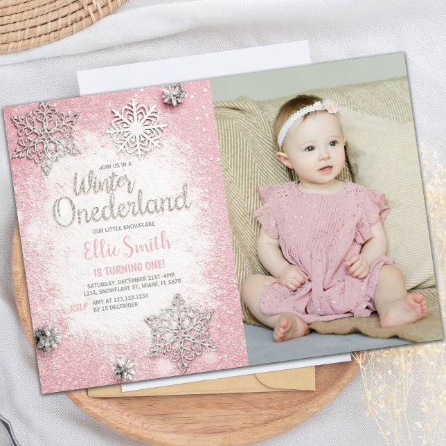 Party Einladungen für das individuelle Winterwunde (Pink Glitter Winter ONEderland Invitations w photo)