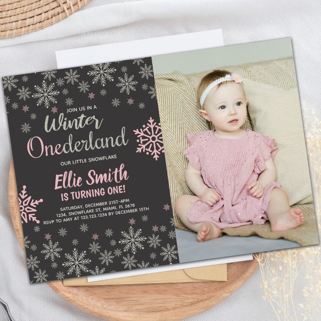 Party Einladungen für das individuelle Winterwunde (Winter Onederland Birthday Invitations with photo)