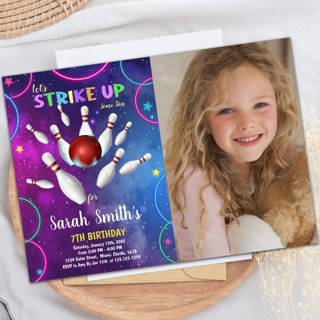 Party Einladungen für den individuellen Spaß von K (Rainbow Bowling Birthday Invitations w photo)