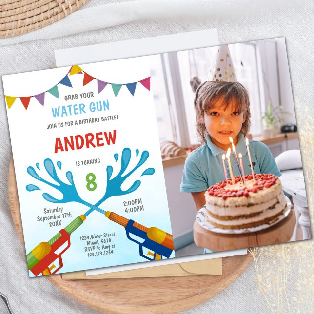 Party Einladungen für den individuellen Spaß von K (Red Blue Water Gun Invitations with photo)