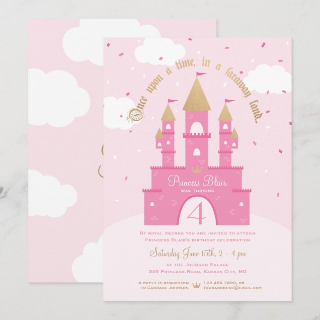 Party Einladungen | Rosa und goldenes Schloss (Vorne/Hinten)