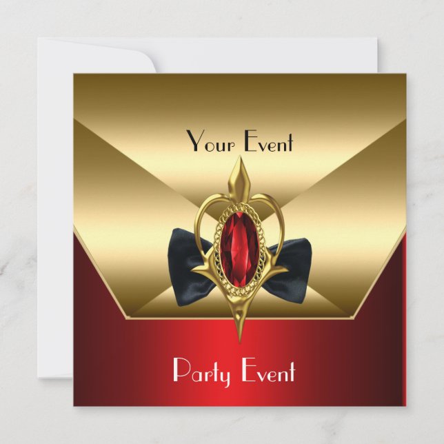 Party Event Black Krawatte Red Gold Diamond Jewel Einladung (Vorderseite)
