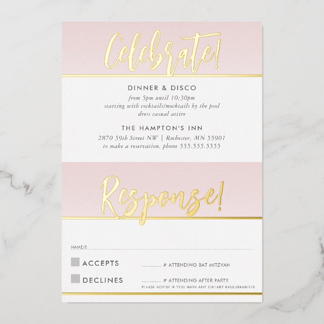 PARTY FEIERSCHAFT & REAKTION KARTE Rosa Gold (Vorderseite)