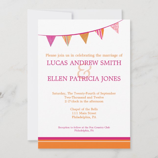 Party Flags Wedding Einladung - Rosa & Orange (Vorderseite)